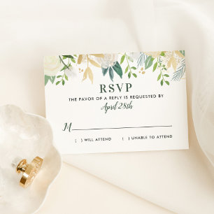 Cream Gold Floral Greenery Wedding RSVP Card