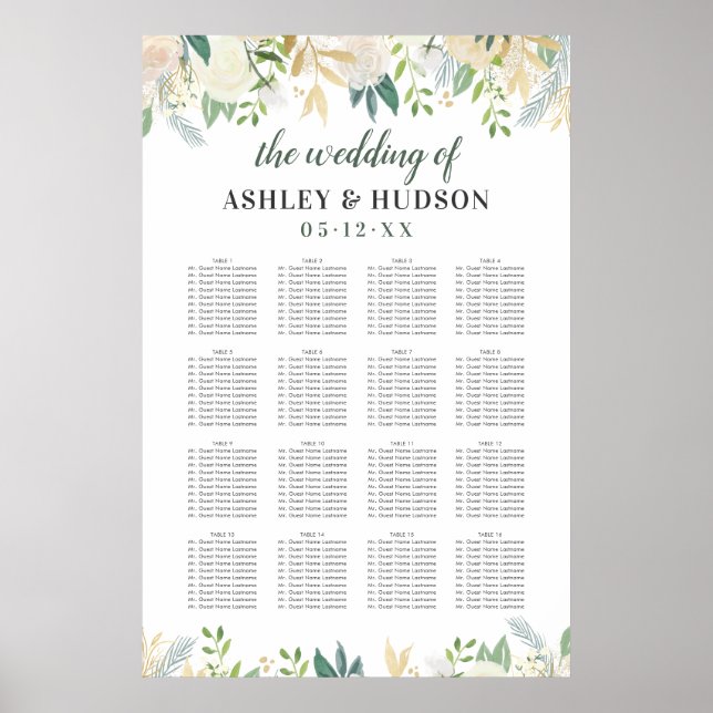 Cream Gold Floral Greenery Wedding Seating Poster (Front)