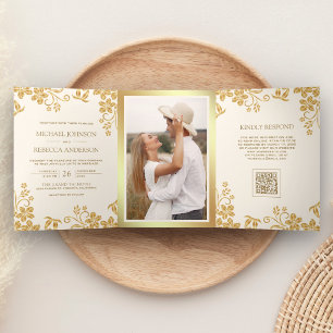 Cream Gold Floral Leaves QR Code Wedding Tri-Fold Invitation