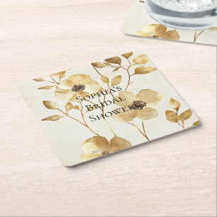 Cream Gold Floral Wedding Square Paper Coaster