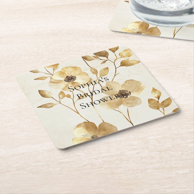 Cream Gold Floral Wedding Square Paper Coaster (Angled)