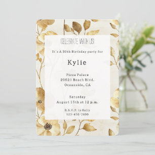 Cream Gold Flowers Birthday   Invitation