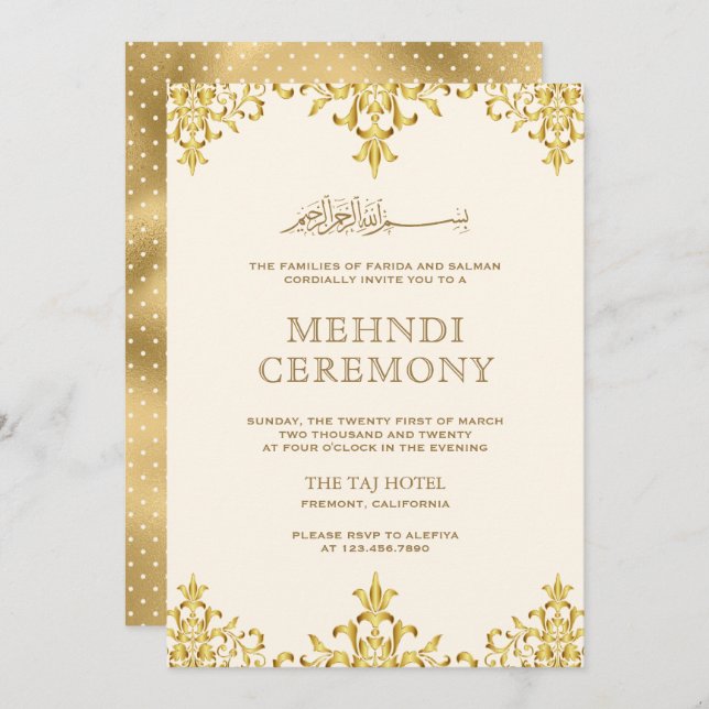 Cream Gold Foil Damask Islamic Wedding Mehndi Invitation (Front/Back)