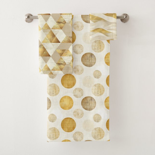Cream & Gold Fun Geometric Pattern Bath Towel Set (Insitu)