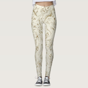 Cream & Gold Glitter Marble Swirl Modern Glam Leggings