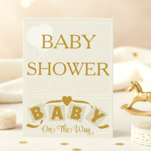 Cream & Gold Heart & Ribbon Baby Shower Invitation