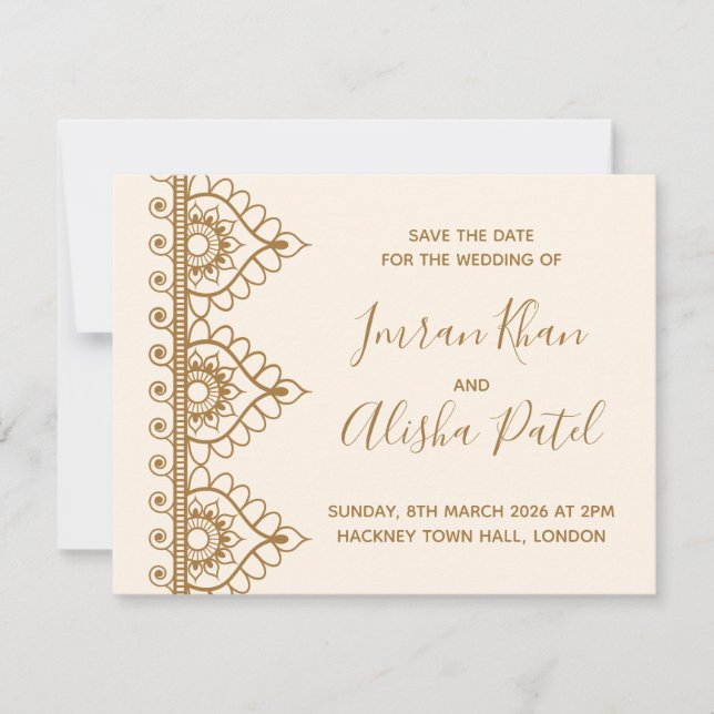 Cream Gold Henna Desi Indian Wedding Invitation (Front)