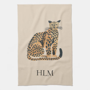 Cream Gold Leopard Animal Monogram Tea Towel