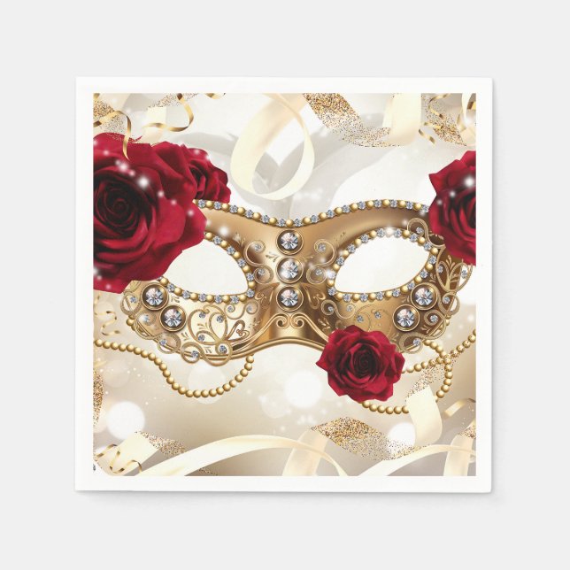 Cream Gold Masquerade Ball Birthday Party Napkin (Front)