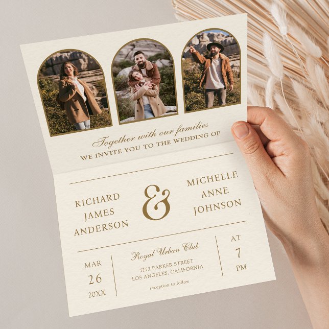 Cream Gold Minimal Arch Photo QR code Wedding Invitation (Creator Uploaded)