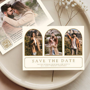 Cream Gold Minimal Arch Photo QR Code Wedding Save The Date
