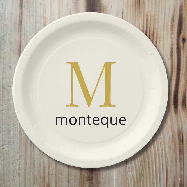 Cream Gold Monogram Personalised Name Luxury Gift  Paper Plate (Creator Uploaded)