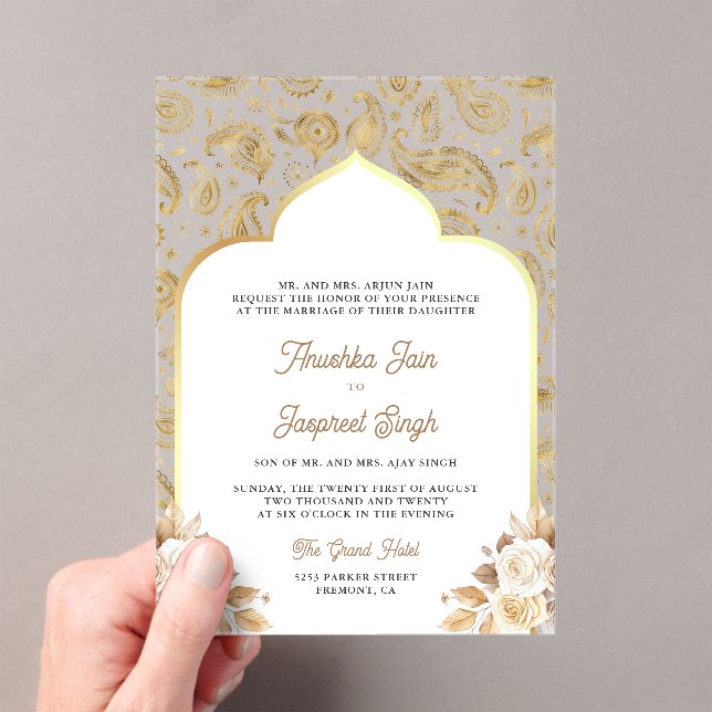 Cream Gold Paisley Floral Indian Wedding Acrylic Invitations (Insitu (Handheld))