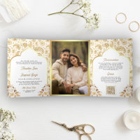 Cream Gold Paisley Floral QR Code Indian Wedding