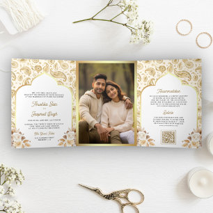 Cream Gold Paisley Floral QR Code Indian Wedding Tri-Fold Invitation