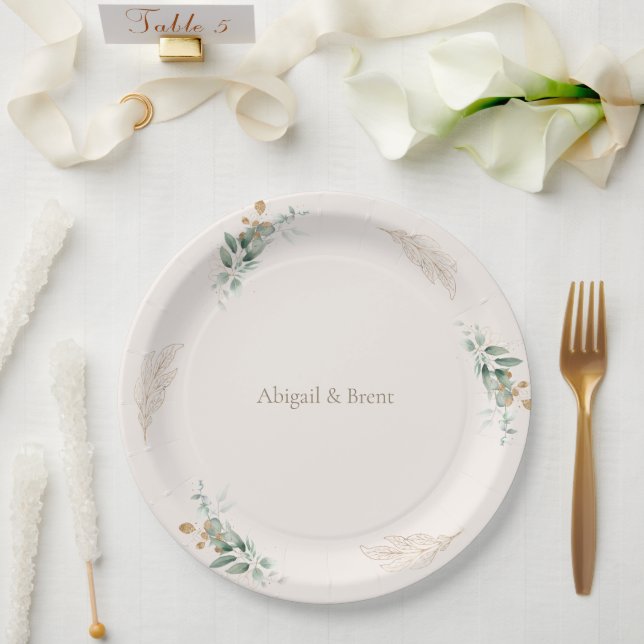 Cream & Gold Personalised Foliage Wedding Paper Plate (Wedding)