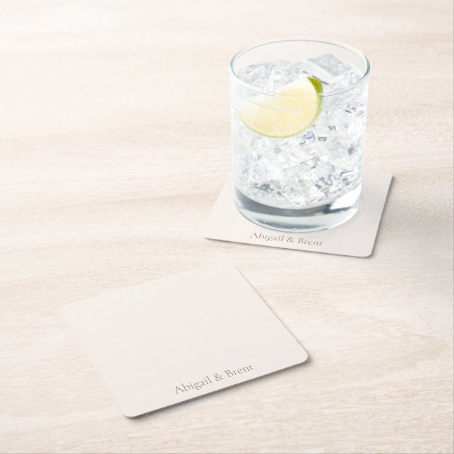Cream & Gold Personalised Simple Wedding Square Paper Coaster (Insitu)