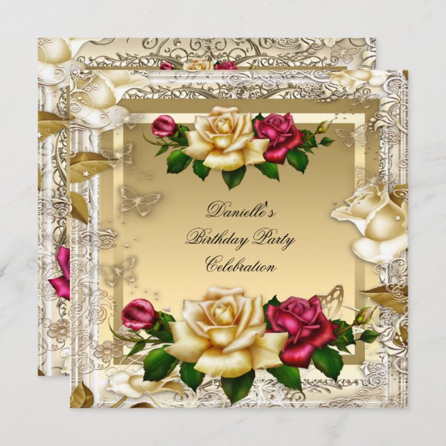 Cream Gold Pink Red Roses Elegant Birthday Party Invitation (Front/Back)
