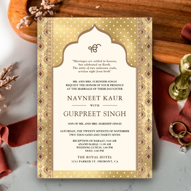 Cream Gold QR Code Anand Karaj Sikh Wedding Invitation (Creator Uploaded)