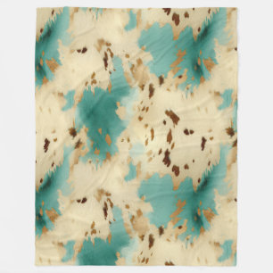 Cream Gold Turquoise Cowhide Animal Fleece Blanket