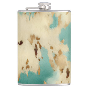 Cream Gold Turquoise Cowhide Animal Hip Flask