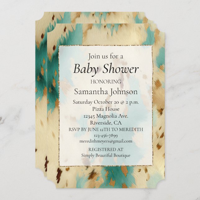 Cream Gold Turquoise Cowhide Animal Invitation (Front/Back)