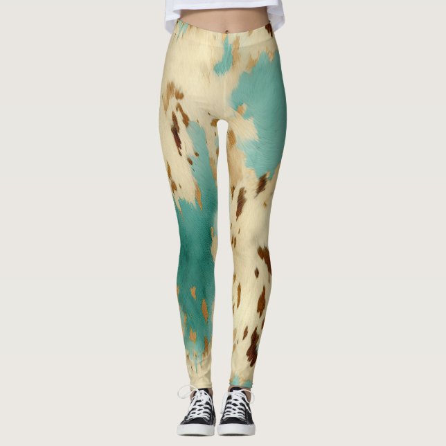 Cream Gold Turquoise Cowhide Animal  Leggings (Front)
