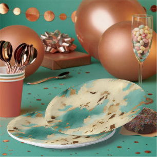 Cream Gold Turquoise Cowhide Animal  Paper Plate