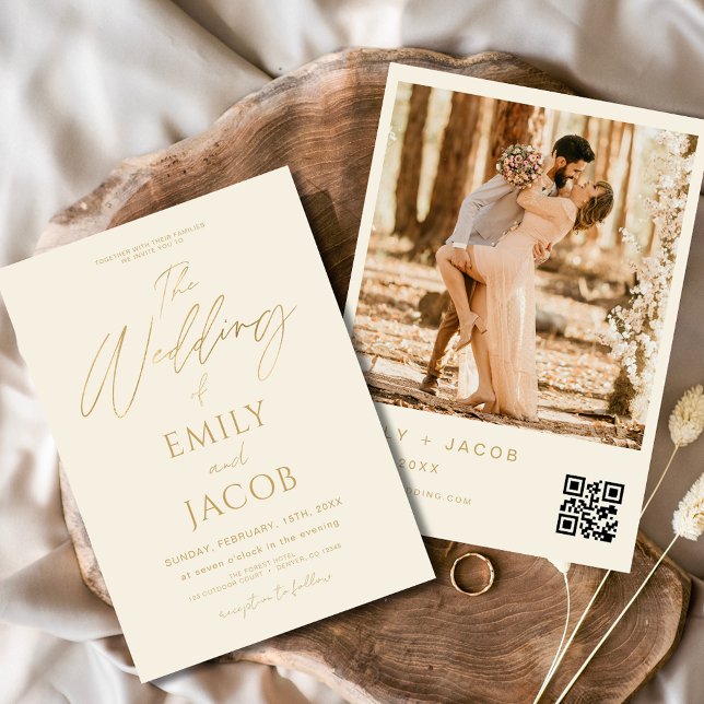 Cream Gold Wedding QR Code Photo Script Invitation (Creator Uploaded)