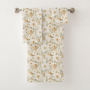 Cream Gold White Country Flowers Bath Towel Set