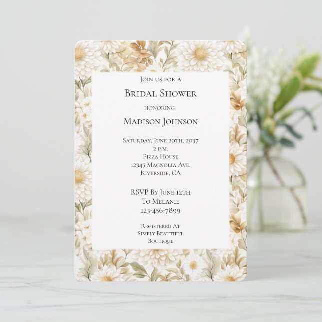 Cream Gold White Country Flowers Bridal Shower Invitation (Standing Front)