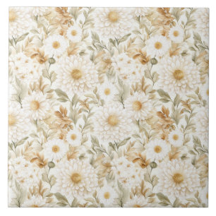 Cream Gold White Country Flowers Ceramic Tile