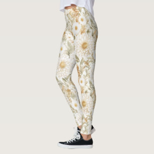 Cream Gold White Country Flowers Leggings