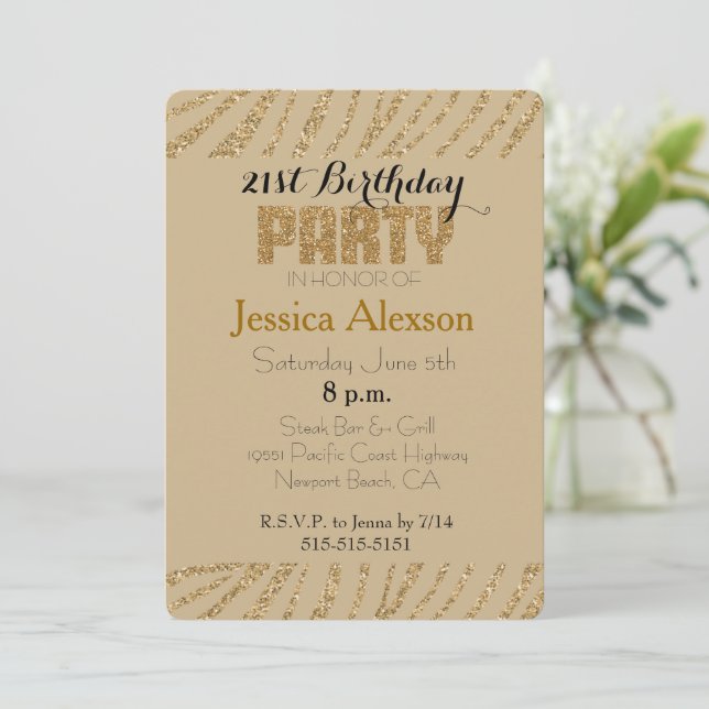 Cream Gold Zebra Print Faux Glitter 21st Birthday Invitation (Standing Front)