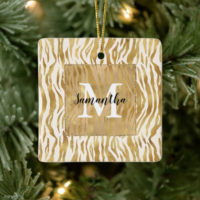 Cream Gold Zebra Print Monogram    Ceramic Ornament (Tree)