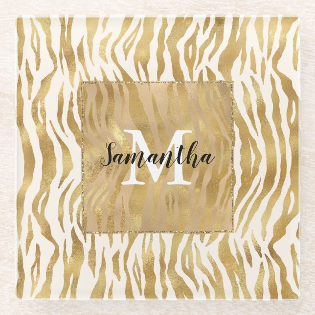 Cream Gold Zebra Print Monogram Glass Coaster (Front)