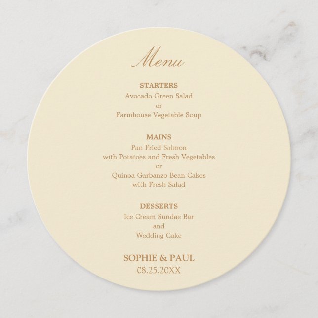 Cream Golden Beige Round Wedding Menu (Front)