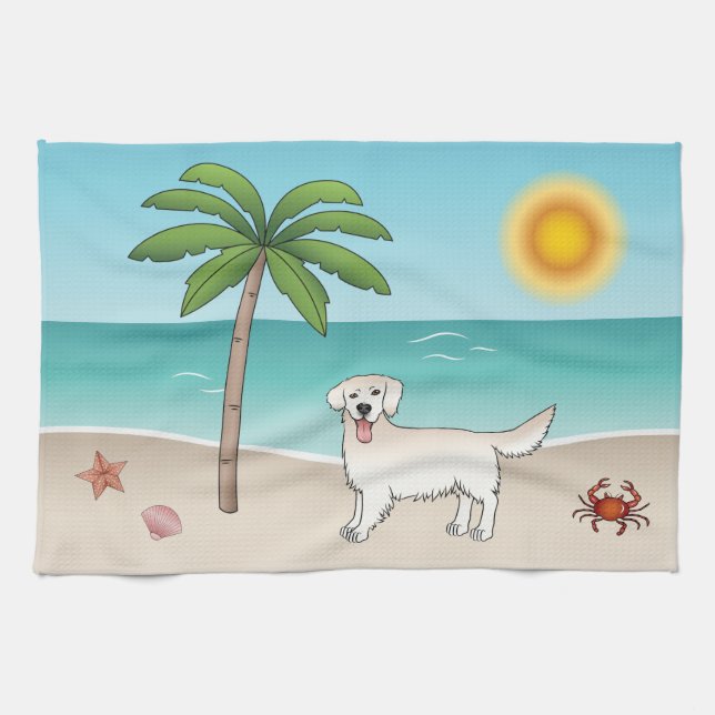 Cream Golden Retriever At A Tropical Summer Beach Tea Towel (Horizontal)
