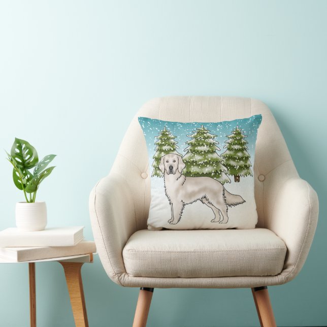 Cream Golden Retriever Blue Winter Christmas Cushion (Chair)