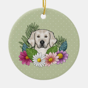 Cream Golden Retriever Colourful Flowers And Name Ceramic Ornament