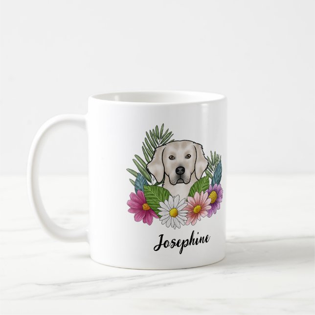 Cream Golden Retriever Colourful Flowers And Name Coffee Mug (Left)