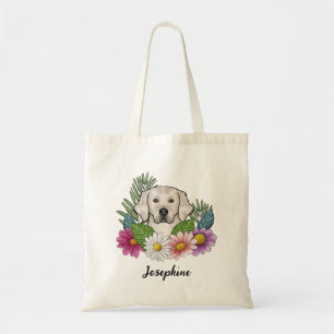 Cream Golden Retriever Colourful Flowers And Name Tote Bag
