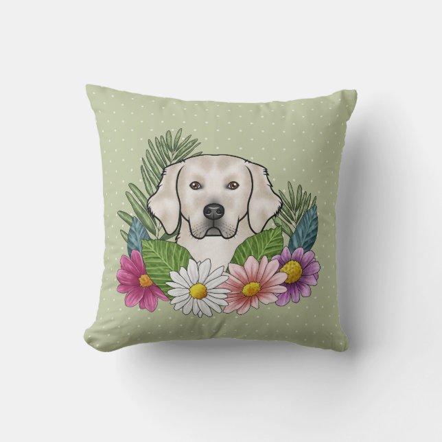 Cream Golden Retriever Colourful Flowers Green Cushion (Front)