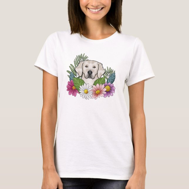 Cream Golden Retriever Head With Colourful Flowers T-Shirt (Front)