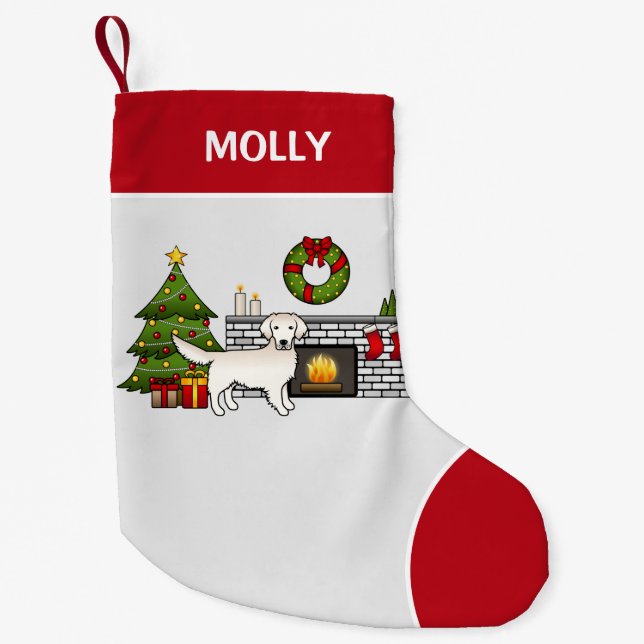 Cream Golden Retriever In A Christmas Room & Name Small Christmas Stocking (Front)