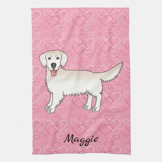 Cream Golden Retriever On Pink Hearts & Name Tea Towel (Vertical)