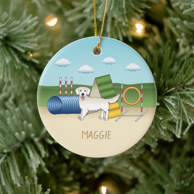 Cream Golden Retriever With Agility Equipment Ceramic Ornament (Tree)