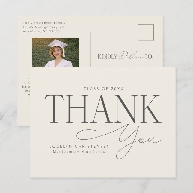 Cream Gray Elegant Modern Graduation Thank You Postcard (Front/Back)