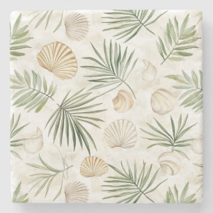 Cream Green Beach Shells Stone Coaster