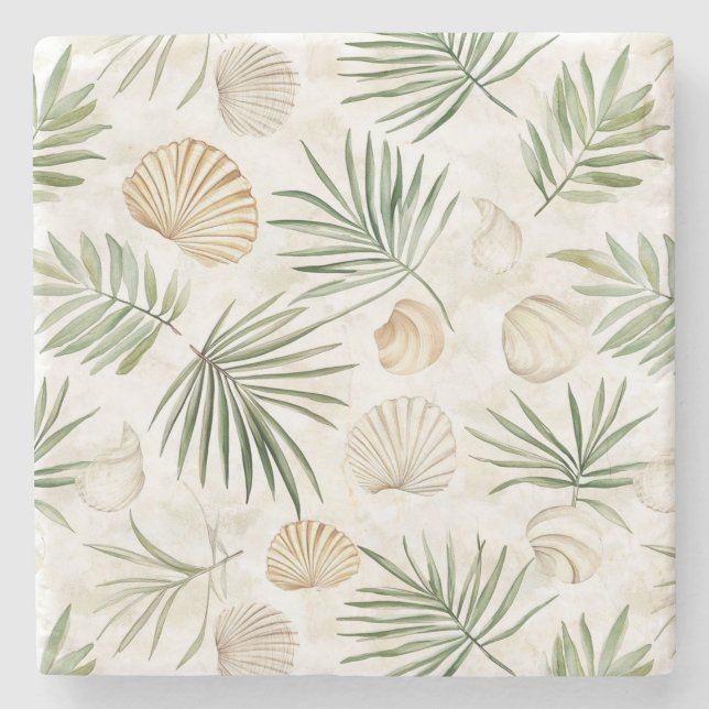 Cream Green Beach Shells   Stone Coaster (Front)